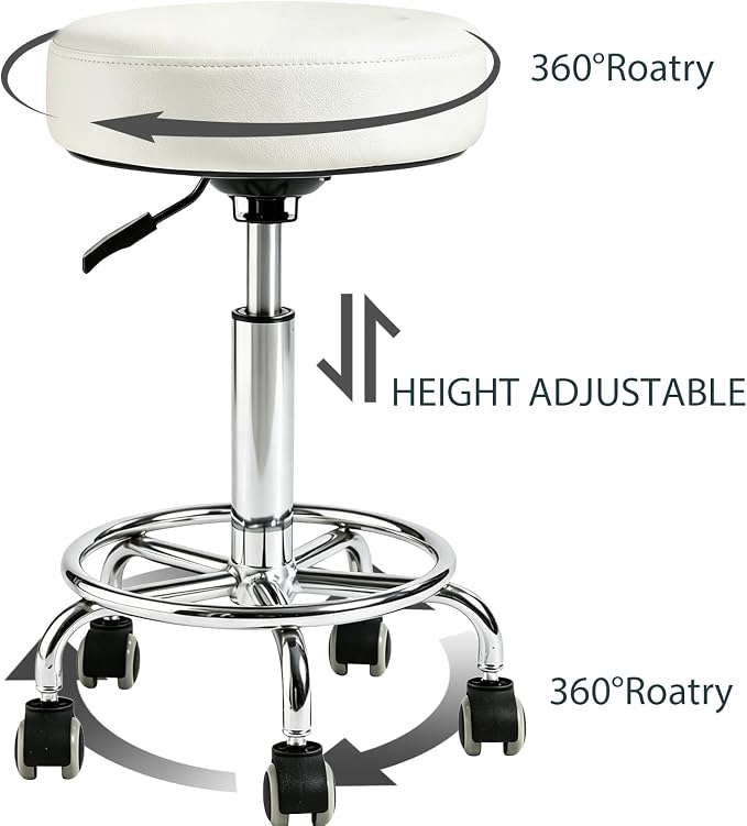 Adjustable Rolling Stool with Wheels Heavy Duty 500lb Round RollingStool with Footrest, Patent Leather Drafting Stool Chair with Wheels Work Spa Salon Seat,White