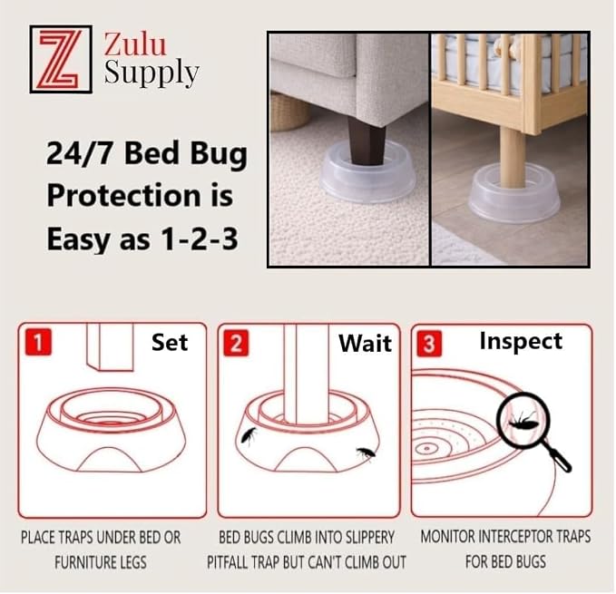 Bed Bug Interceptor Traps – Clear 4-Pack Passive Monitor & Detection Trap – Universal Fit for Bed & Furniture Legs – Reusable Non-Climbable Wall Pest Control Protection (Clear 4-Pack)