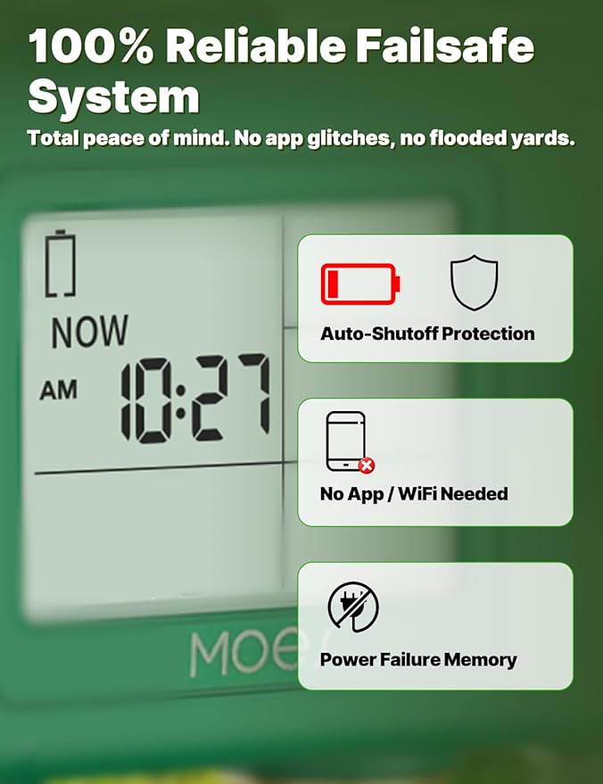 MOES 2 Zone Water Timer for Garden Hose, 3/4 in Brass Inlet and Outlets, Battery Operated Sprinkler Timer, Dual Outlet Faucet Valve, Rain Delay, Manual Watering, Non-WiFi