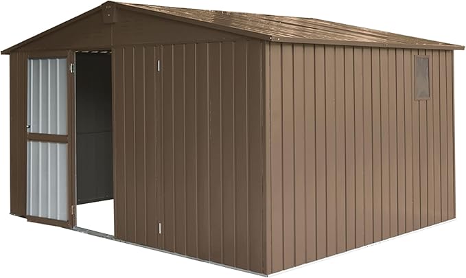 Christopher Knight Home Avonn Backyard Storage Shed 11'x 9' with Galvanized Steel Frame & Windows, Outdoor Garden Shed Metal Utility Tool Storage Room with Lockable Door for Patio, Brown