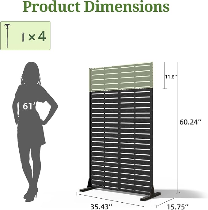 Privacy Screen Outdoor 60" Hx35 W Freestanding Privacy Panel with Stand, HDPE Decorative Privacy Fence with Louver Pattern 5 Panels, Patio Divider Screen, Privacy Screens for Outside