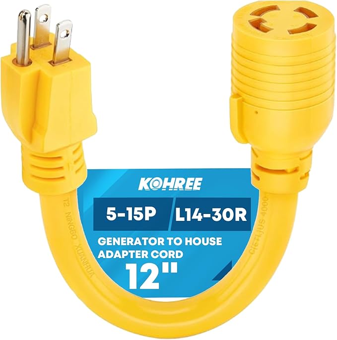 Kohree NEMA 5-15P to L14-30R Generator Adapter Cord, 3 Prong to 4 Prong Adapter, STW 10 AWG 12'', 15 Amp Male Generator to 30 Amp House Inlet Box Adapter, Generator Transfer Switch Adapter Cord