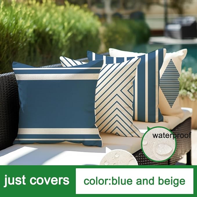 RABUSOFA Outdoor Pillows Waterproof,18x18 inch Blue and White Boho Set of 4 for Patio Furniture,Sunbrella Outdoor Pillow Covers(2B-18) (18"x18")