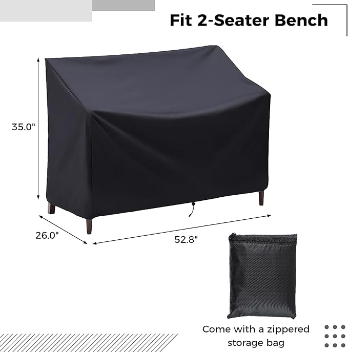 Outdoor Bench Cover, 2 Seater Patio Bench Cover, Waterproof Heavy Duty Furniture Cover with Air Vents, Buckles and Drawcord, All Weather UV Dust Protection for Porch Deck Garden, 53 x 26 x 35 in