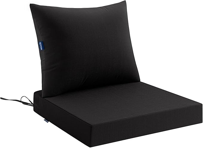 MIULEE Black Outdoor Seat Cushion Set 22x22 Inch Linen Textured Waterproof & 3 Year Color Fastness Seat and Back Cushion with Ties No Slip Design for Patio Furniture Chair Sofa Couch
