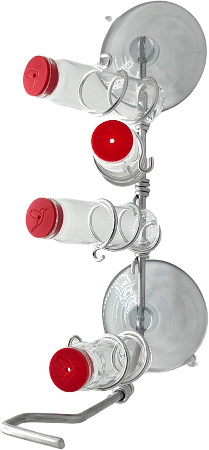 Window Hummingbird Feeder | Handcrafted Copper and Aluminum | Multiple Stations | Modern Hummingbird Feeder | Glass Bottles | Suction Cups (Aluminum, Four Station)