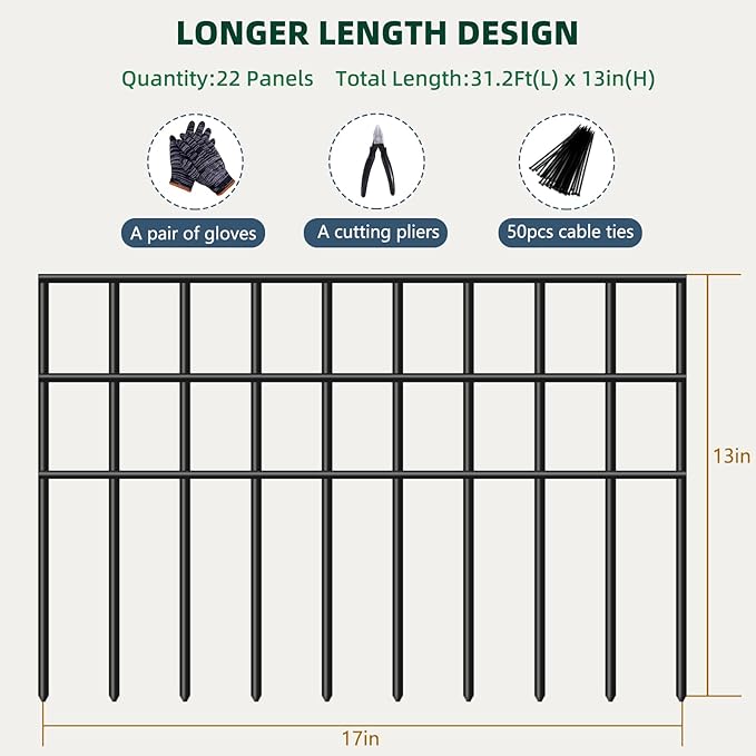 31ft(L) x 13in(H) Animal Barrier Fence, 22 Panels No Dig Garden Fence for Dog Rabbit, Rustproof Anti Digging Barrier, Garden Edging Border Ground Defense for Outdoor, Yard, Patio