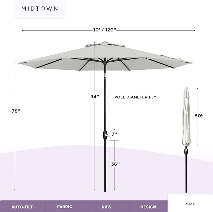 Midtown Umbrellas - 10-Year-No-Fade 10 Ft Patio Umbrella with Terylast Fabric, Auto-Tilt Aluminum Frame and 8 Reinforced Ribs for Deck, Pool, Garden & Beach - Off White Canopy, Black Pole