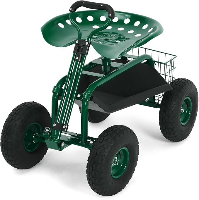 Garvee Heavy Duty Garden Seat, Garden Scooter Rolling Work Seat, 360° Swivel with 10-Inch All-Terrain Inflatable Tires, Extendable Steering Handle & Metal Tool Tray for Planting, Weeding, Yard Work