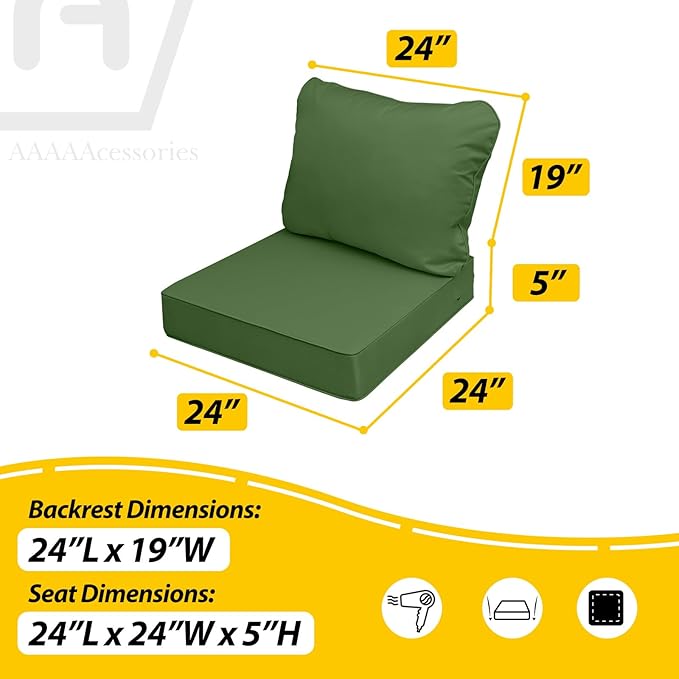 AAAAAcessories Outdoor Seat Cushions for Chairs, Fade-Resistant, Waterproof Patio Furniture Replacement Cushions, 24" x 24" x 5" + 24" x 19", Dark Moss Green