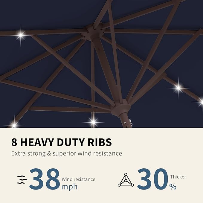 9FT Patio Umbrella with Solar Lights,Outdoor Market Umbrella with Tilt and Crank, LED Lighted Table Umbrella for Garden,Deck,Backyard,Pool,Beach