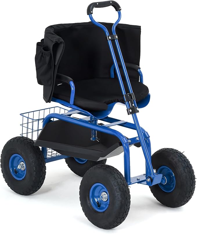 Rolling Garden Work Seat with Wheels, 300lbs Heavy Duty Garden Cart, 360° Swivel Adjustable Height Rolling Stool, Extendable Handle, Storage Basket & Tray for Gardening, Lawn Care, Adults & Seniors