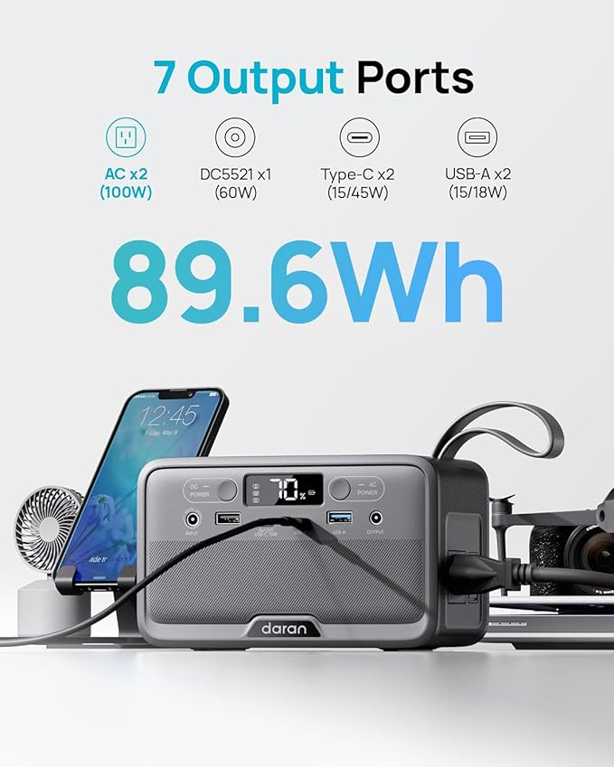 DARAN Portable Power Station 89.9Wh LiFePO4 Battery 100W(200W Peak) Solar Power Bank, Portable Charger Small Generator with AC Outlets & PD Fast Charging for Home/Laptop/Camping(Solar Panel Optional)
