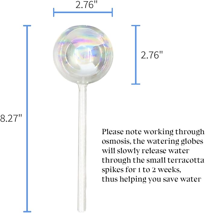 HyJeryty Non-Clogging Iridescent 2 Pack Ball Plant Watering Globes with Terracotta Spikes, Hand Blown Glass Self Watering Planter Insert Plant Watering Devices Bulbs for Indoor and Outdoor Plants