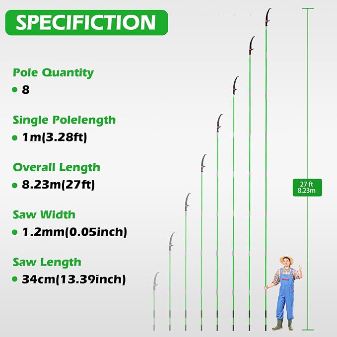 Grefinity Manual Pole Saw, 27 Ft Tree Trimmer, Extendable Pole Saws for Tree Trimming, Sharp Steel Blade, for Backyard and Garden Pruning Palms and Shrubs, Green