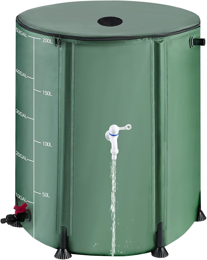 53 Gallon Collapsible Rain Barrel with Zipper Open and 12 Poles | 200L Protable Rainwater Collection System Kit,1000D Oxford,Rain Catcher Barrel for Outdoor Garden Camping