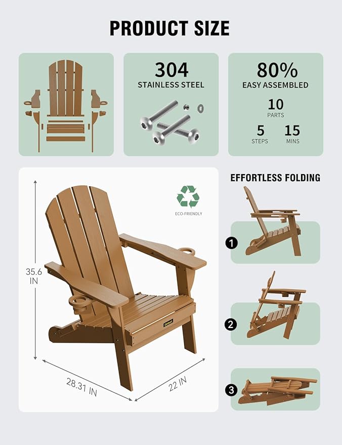Folding Adirondack Chair Set of 4, Wooden Textured Plastic Adirondack Chairs with 2 Cup Holder, Weather Resistant HDPE Fire Pit Chair, Outdoor Patio Chairs for Garden, Backyard, Lawn, Deck, Teak