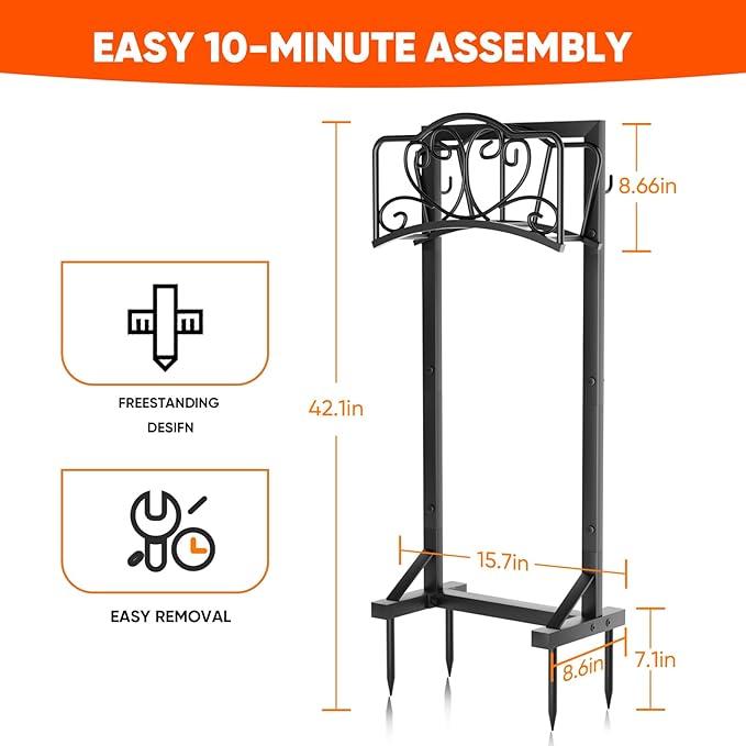Garden Hose Holder with Tool Hooks and Stable Base, Heavy-Duty Garden Hose Storage Metal Hose Hanger Holds 160Ft, Rustproof Freestanding Water Hose Holder for Outside, Yard, Lawn, Farm, Black