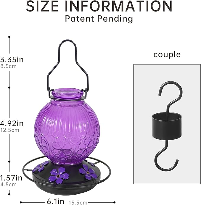 Glass Hummingbird Feeders for Outdoors Hanging, 23Oz Humming Bird Nectar Feeders with Perch, 5 Flower Feeding Ports, Leak Proof Base and Hook for Garden Decor, Gifts for Mom Women (Purple)