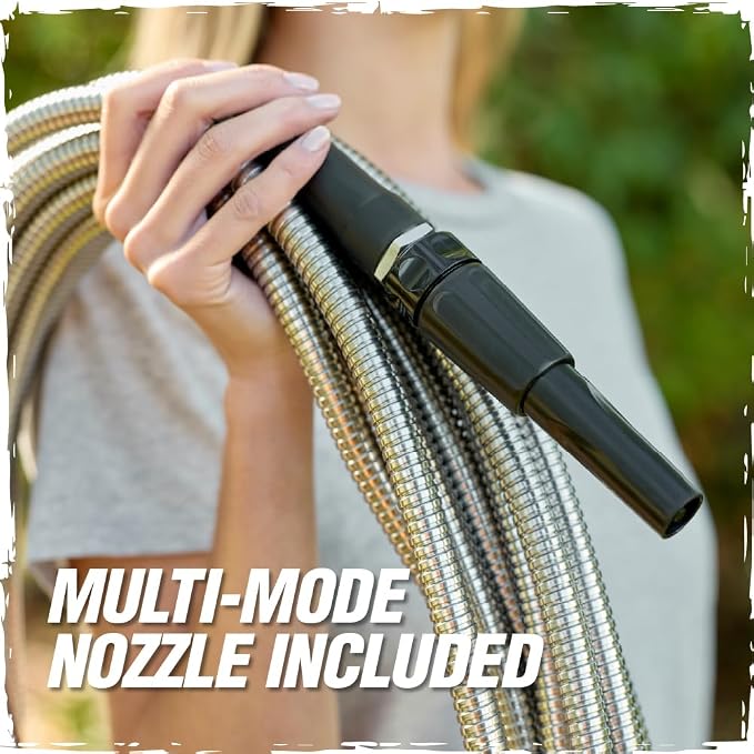 RUGGED RHINO Metal Garden Hose with Spray Nozzle, 100FT, 304 Stainless Steel, 750 PSI Burst Strength, Heavy Duty Flexible Water Hose, Kink Resistant, Leakproof for Yard, Lawn and Outdoor Use, Silver