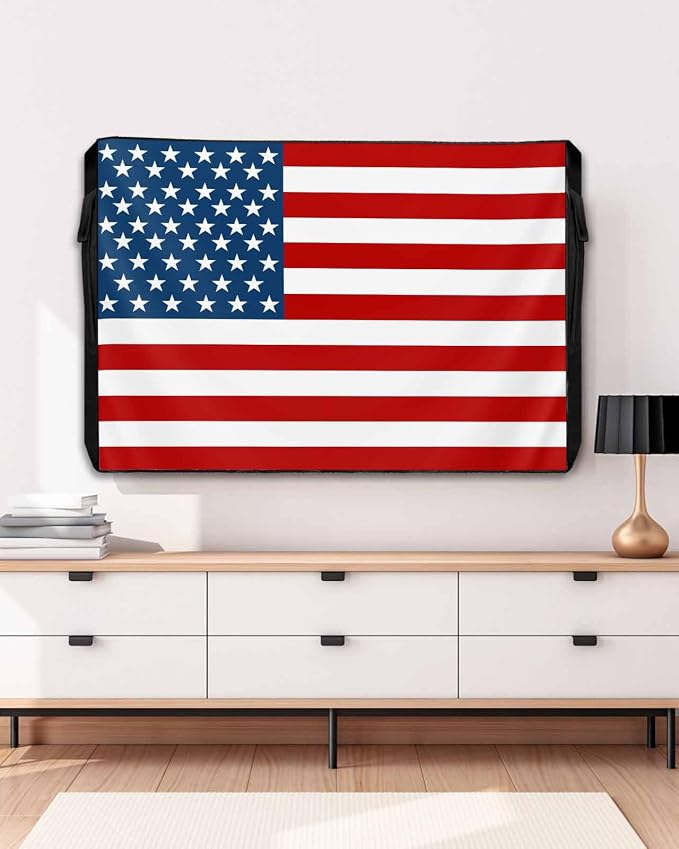 American Flag Outdoor TV Cover 70-75 Inch Weatherproof, Red Striped Blue Star Enclosure With Zipper & Roll Up Front Flap, USA Flag Waterproof Cover for Outside Flat Screen TVs