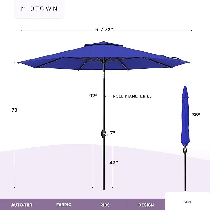 Midtown Umbrellas - 10-Year-No-Fade 6 Ft Patio Umbrella with Terylast Fabric, Auto-Tilt Aluminum Frame and 8 Reinforced Ribs for Deck, Pool, Garden & Beach - Royal Blue Canopy, Black Pole