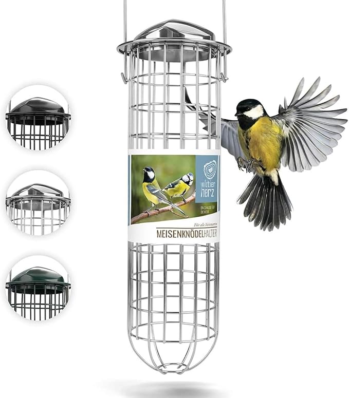 Wildtier Herz | Fat Ball Holder 12" - 5 Year Guarantee - Made of Rustproof Metal Bird Feeding Station for Fat Balls - Ecological Bird Feeder (31cm, Stainless Steel)