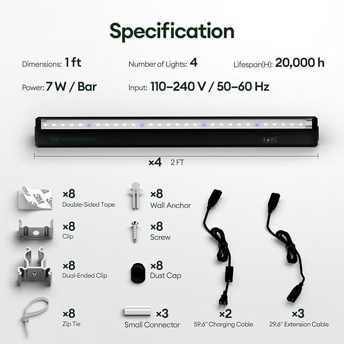 Maygrove T5 Grow Lights for Indoor Plants 1FT, Blue-Rich Full Spectrum 5000K Grow Light, 28W(4 x 7W), Grow Light Strips for Seed Starting, Greenhouse, High PPFD, Linkable, Black, 4-Pack