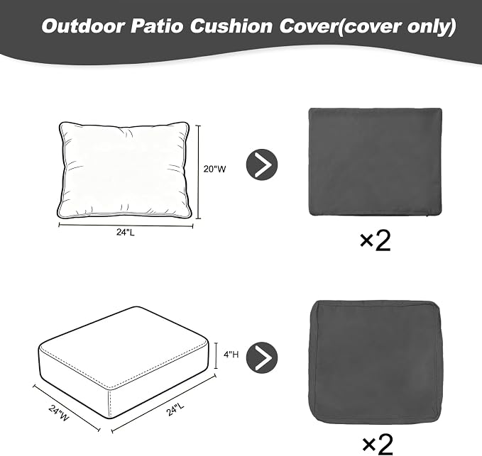4-Piece Outdoor Patio Cushion Covers, Seat & Back Replacement Set, Covers Only for Patio Furniture, Porch, Deck, Balcony (4Pcs-Gray, 24 * 24 * 4-inch)