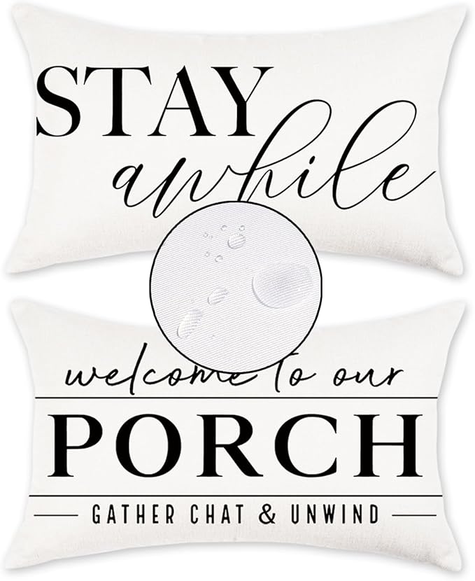 TAJWE Outdoor Pillow Covers Waterproof 12x20 Set of 2 Welcome to Our Porch Stay Awhile Cushion Cases for Patio Furniture Sofa Couch Decor