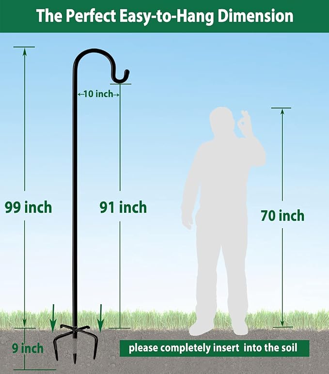 Adjustable Outdoor Shepherd Hook Stand with 5 Prong Base, 108 Inches Tall 3/5 in Thick, Shiny Black (2 Packs)