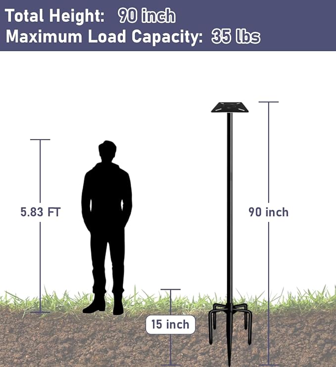 90 Inch Smart Bird Feeder Pole with 5-Prong Base, Adjustable Bird House Pole Mount Kit for Outdoors, Heavy Duty Bird Feeder Stand for Wild Birds Watching, Black