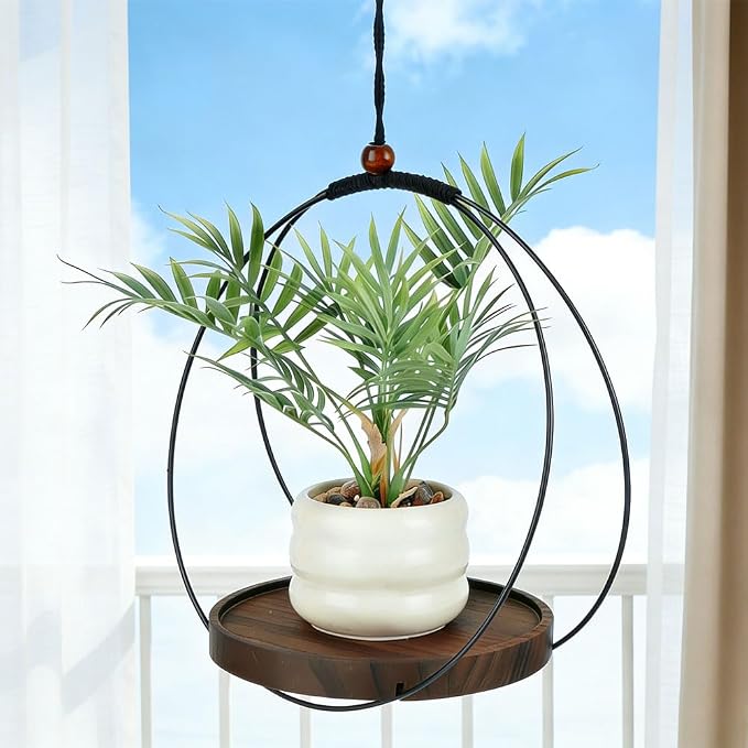 4pcs Circle Plant Hanger, Adjustable Height Hanging Planters with Sturdy Wooden Base & Planter Basket Holder, Modern Boho Flower Pot Plant Display Decor for Indoor Wall Ceiling Window