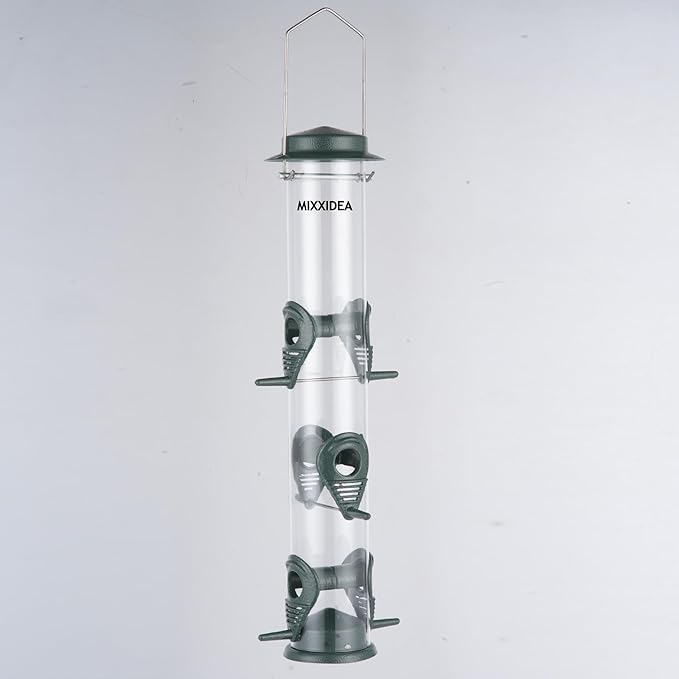 MIXXIDEA 1PK Metal Bird Feeders with 6 Feeding Ports,Tube Bird Feeder with Steel Hanger,Hard Plastic Wild Bird Feeder for Outdoors Hanging, Attracting Birds in Your Lawn, Garden, Balcony–Green