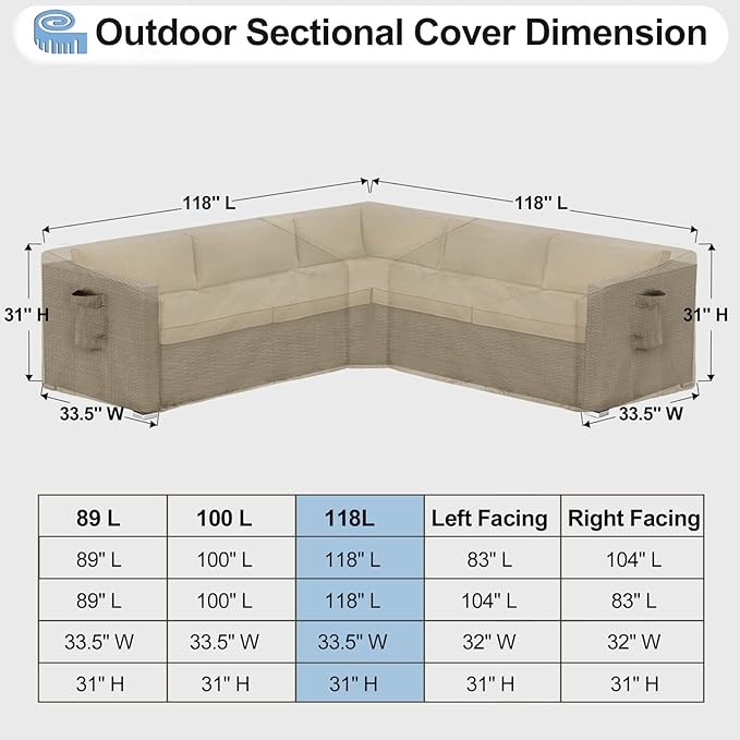 OutdoorLines Waterproof Outdoor Patio Sectional Cover - UV Resistant & Windproof V-Shaped Patio Furniture Covers for Deck, Lawn and Backyard, 420D Heavy Duty Couch Cover 118" L (on Each Side) Camel