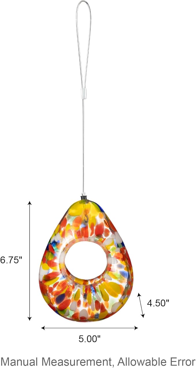 Glitzhome 6.75''H Hanging Glass Birdfeeder,Water Drop Fly Through Wild Bird Feeders for Outdoors,Orange Dots Glass Bird Feeders for Garden, Yard, Backyard, Deck and Porch Decor