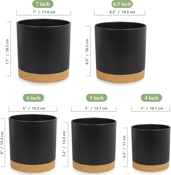 WSMKSZ 5 Pack Cylindrical Flower Pots with 7/6.5/6/5/4 inch, Modern Small Plastic Plant Pots with Drainage Holes & Saucers, Round Planter Pots for Outdoor, Indoor & Office Decor (Black Brown)