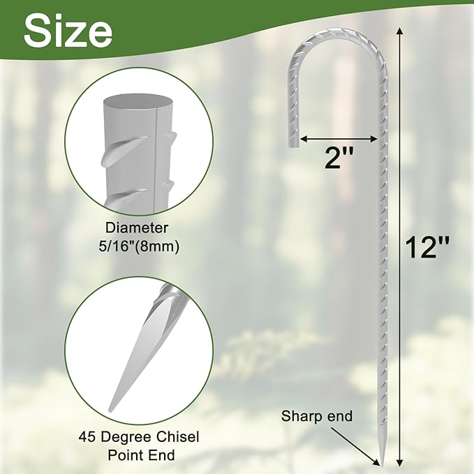 12 Inch J Hook Rebar Stakes 12 Pack, Heavy Duty Galvanized Steel Ground Stakes, Metal Tent Stakes Chain Link Fence Stakes for Inflatables, Yard Decorations, Camping, Garden