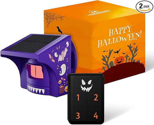 eMACROS 1/2 Mile Range Solar Driveway Alarm (Halloween Limited Edition), Halloween Decorations Motion Detector– Rechargeable Base Station with Spooky Halloween Music, Idea Gifts for Homeowners