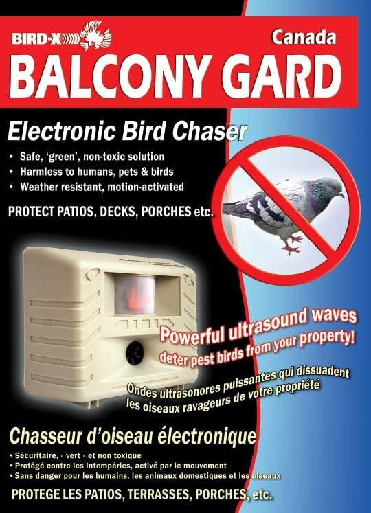 Bird-X Balcony Gard,Ultrasonic Bird Preventer,Outdoor Bird Decoy with Motion-Sensor,Easy to Install,Covers up to 900 sq. ft.,15-to 25 kHz Frequency,6.75" x 5.5" x 3.5",(Pack of 12)