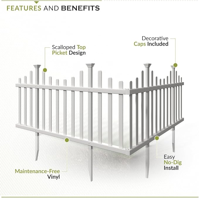 2.5ft H x 4.7ft W (2 Panels) No Dig Zippity Madison Fence Panel Kit, No Dig Panels, White Vinyl Fencing for Yard, Temporary Barrier for Backyard, White Picket Garden Border, DIY Enclosure ZP19001
