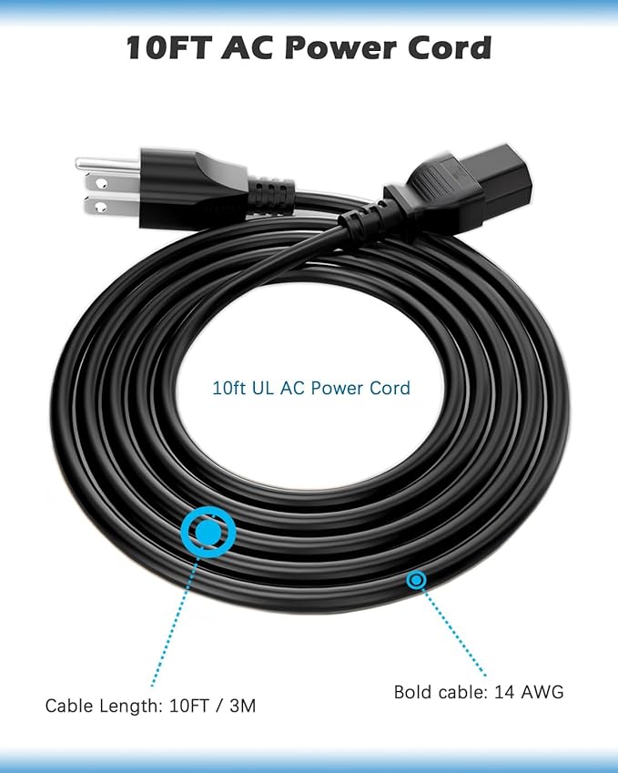 UL Listed 14AWG AC Power Cord;Heavy-Duty Power Station Charging Cable Compatible with Jackery Explorer 2000/1500/1000 Pro,Ecoflow,Bluetti etc;125V 15A Universal AC Power Cord;10ft Power Cable 3 Prong