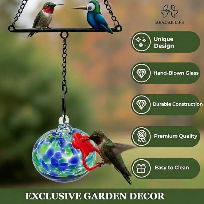 Headak Life Hummingbird Feeder for Outdoors Hanging,Metal Hummingbird Swing with Hand Blown Glass Hummingbird Feeder,Artistic Bird Perch & Garden Decor, Unique Gardening Gifts for Women(Deep Blue)