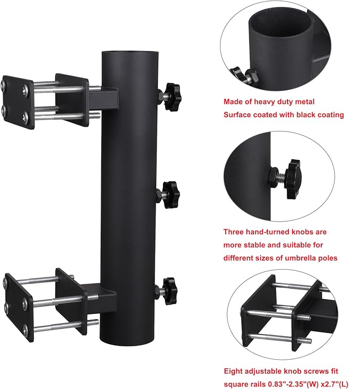 Patio Umbrella Holder Outdoor Deck Mount Umbrella Holder Heavy Duty Umbrella Clamp Hand-Turn Knob Umbrella Base Stand for Deck Railing, Fences，Docks, Courtyard Balcony, Patios