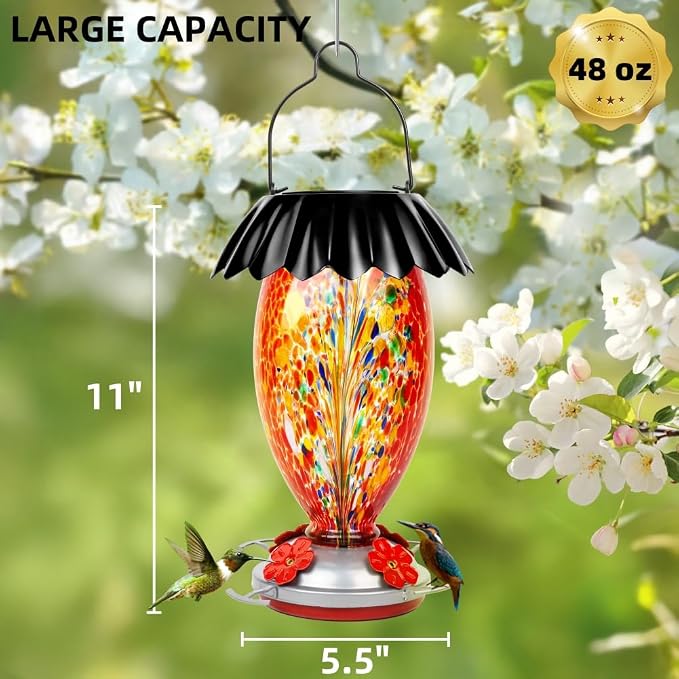 Solar Hummingbird Feeder for Outdoors Hanging Colorful Lighting 32 Oz Hand Blown Glass Hummingbird Feeder for Garden Decoration with Accessories (Firework)