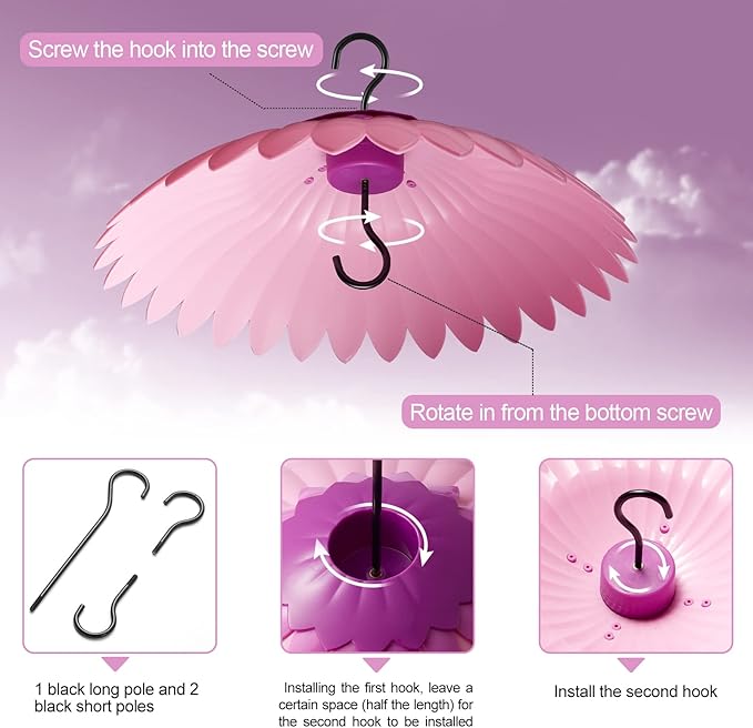 Beserie Bird Feeder Baffle Weather Rain Guard Dome Cover Keep Nectar Cool 14" Largh Diameter with Moat and 3 Hooks for Outside Hanging Hummingbird Feeder Bird Feeder（Pink Purple）