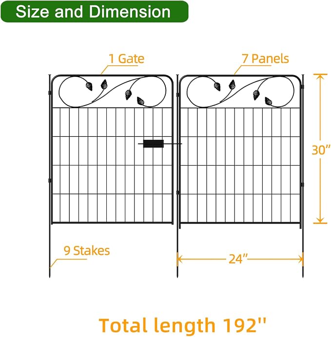 FOREHOGAR Decorative Metal Garden Fence 30in(H) X16ft(L) 1 gate+7 Panels Temporary Dog Fence Border for Landscape Patio Outdoor with gate, No dig Garden Fencing Gates for Yard