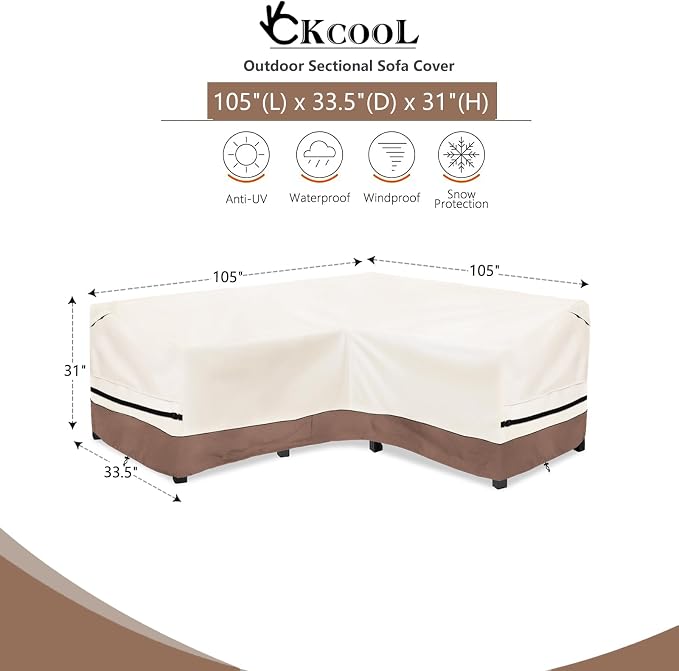 okcool Outdoor Sectional Cover,V-Shaped Patio Furniture Covers for 7-Seater Outdoor Sectional Furniture Couch（105''X105''）,Beige & Brown
