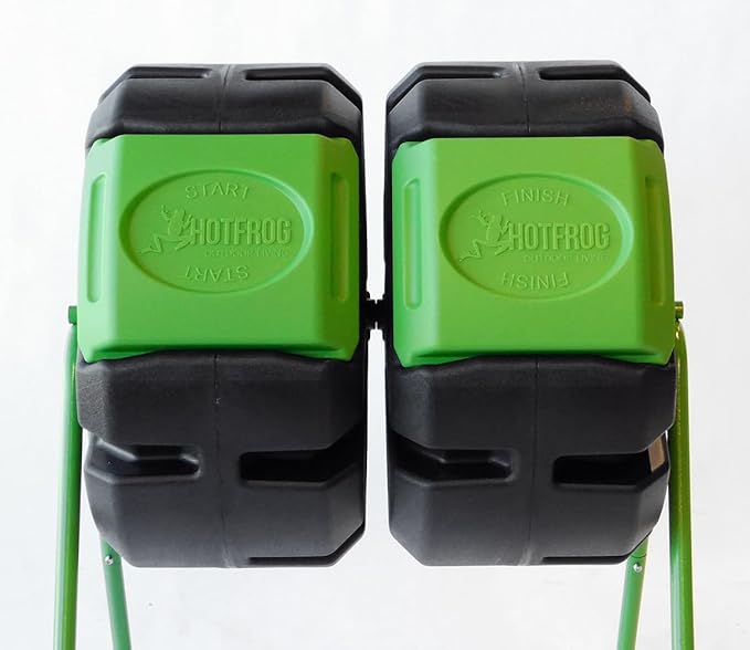 FCMP Outdoor HOTFROG 37-Gallon Dual-Chamber Tumbling Composter, Black/Green (HF-DBC4000) - UV-Inhibited, BPA-Free, Compost Bin for Garden, Easy-Turn Barrel with Aeration Vents