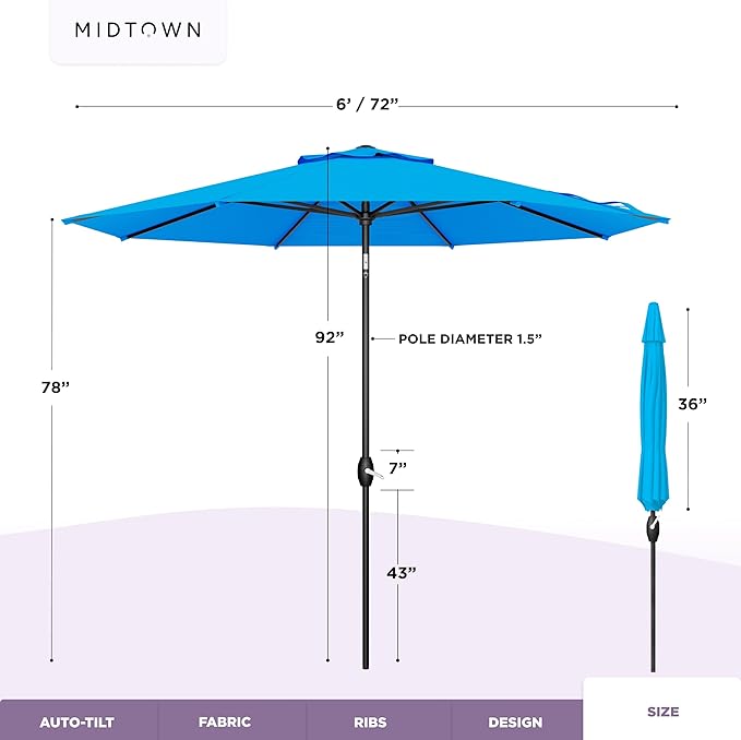 Midtown Umbrellas - 10-Year-No-Fade 6 Ft Patio Umbrella with Terylast Fabric, Auto-Tilt Aluminum Frame and 8 Reinforced Ribs for Deck, Pool, Garden & Beach - Cobalt Blue Canopy, Black Pole
